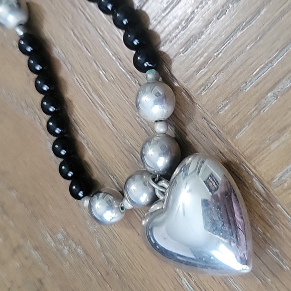 Silver Heart Pendant Necklace with black glass and metal beads within necklace - Picture 2 of 5
